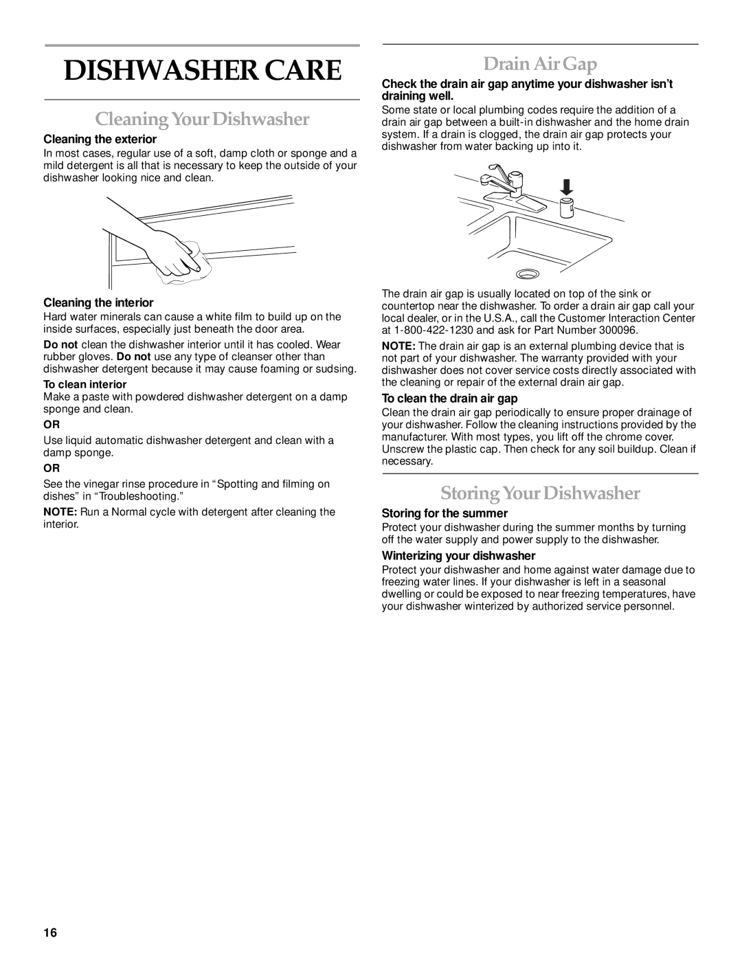 KitchenAid KUDP01TJ manual Dishwasher Care, Cleaning Your Dishwasher, Drain Air Gap, Storing Your Dishwasher 