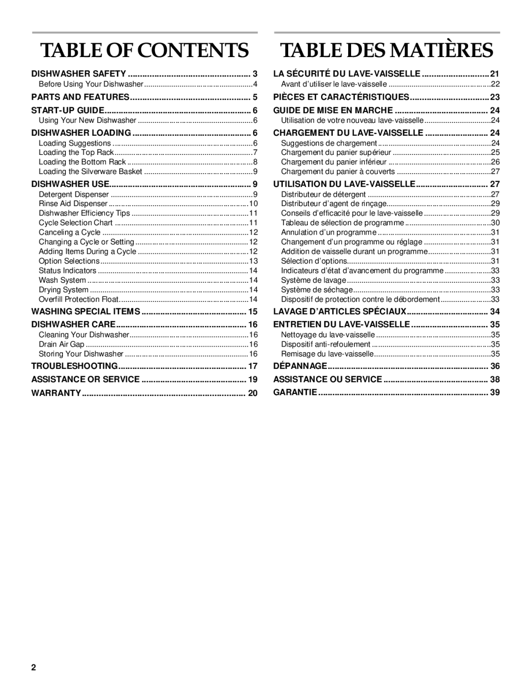 KitchenAid KUDP01TJ manual Table of Contents, Table DES Matières 