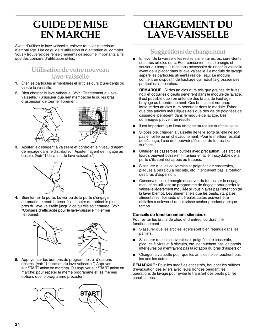 KitchenAid KUDP01TJ manual Guide DE Mise EN Marche, Utilisation de votre nouveau Lave-vaisselle, Suggestions de chargement 