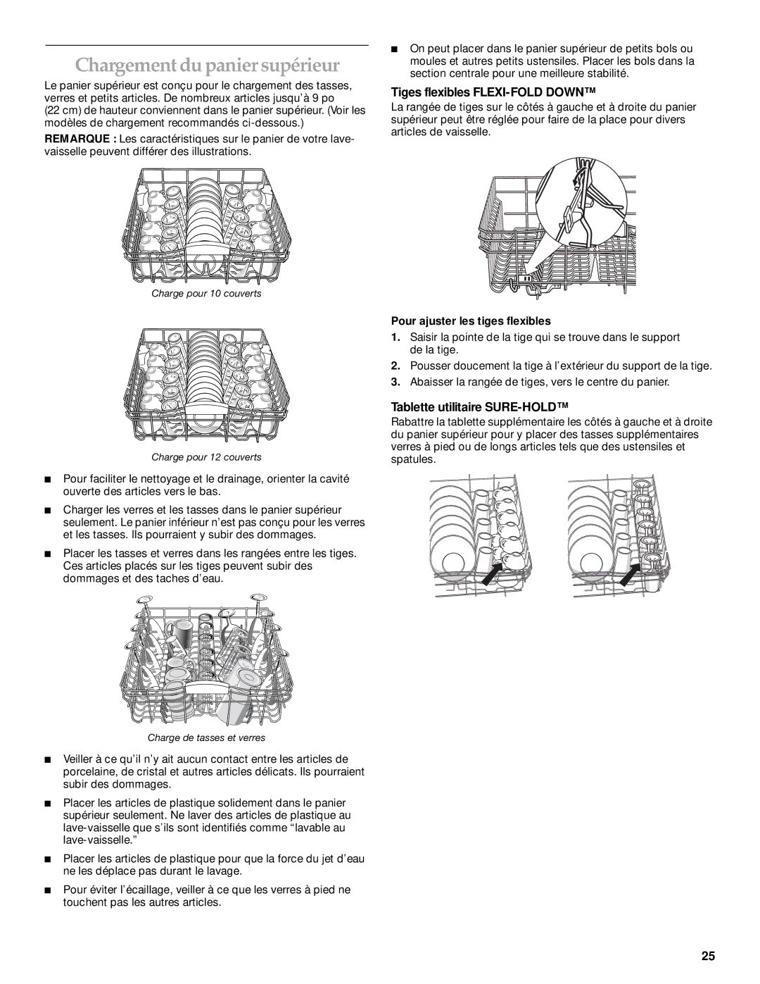 KitchenAid KUDP01TJ manual Chargement du panier supérieur, Tiges flexibles FLEXI-FOLD Down, Tablette utilitaire SURE-HOLD 