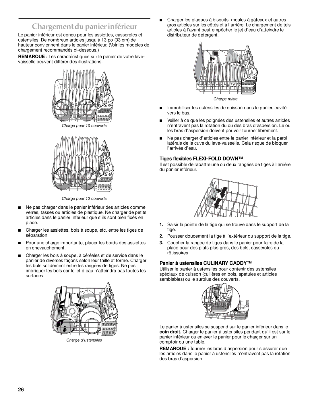 KitchenAid KUDP01TJ manual Chargement du panier inférieur, Panier à ustensiles Culinary Caddy 