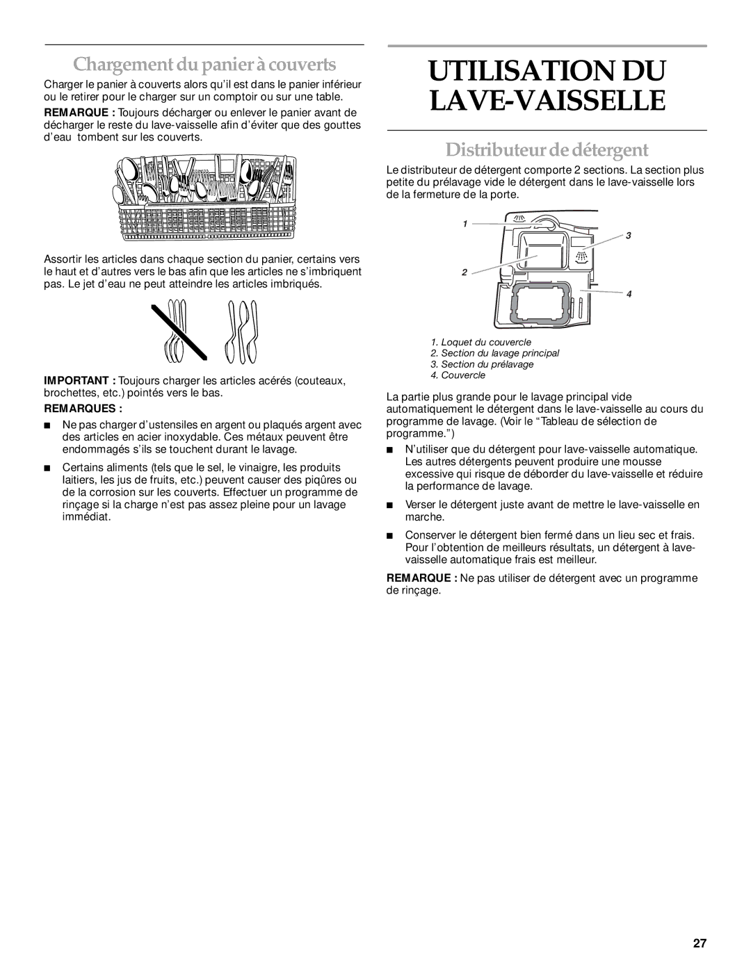 KitchenAid KUDP01TJ manual Chargement du panier à couverts, Distributeur de détergent 