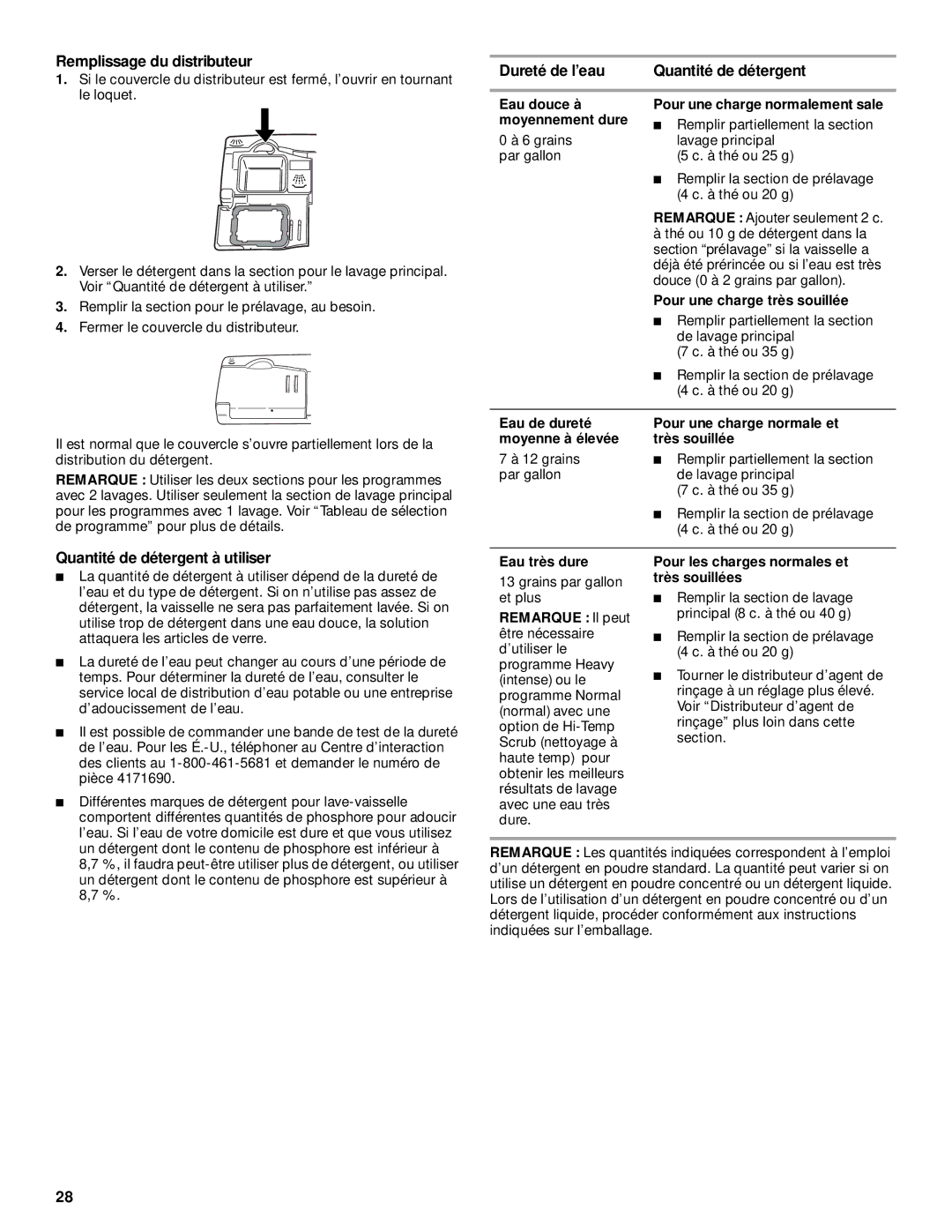 KitchenAid KUDP01TJ Remplissage du distributeur, Dureté de l’eau Quantité de détergent, Quantité de détergent à utiliser 