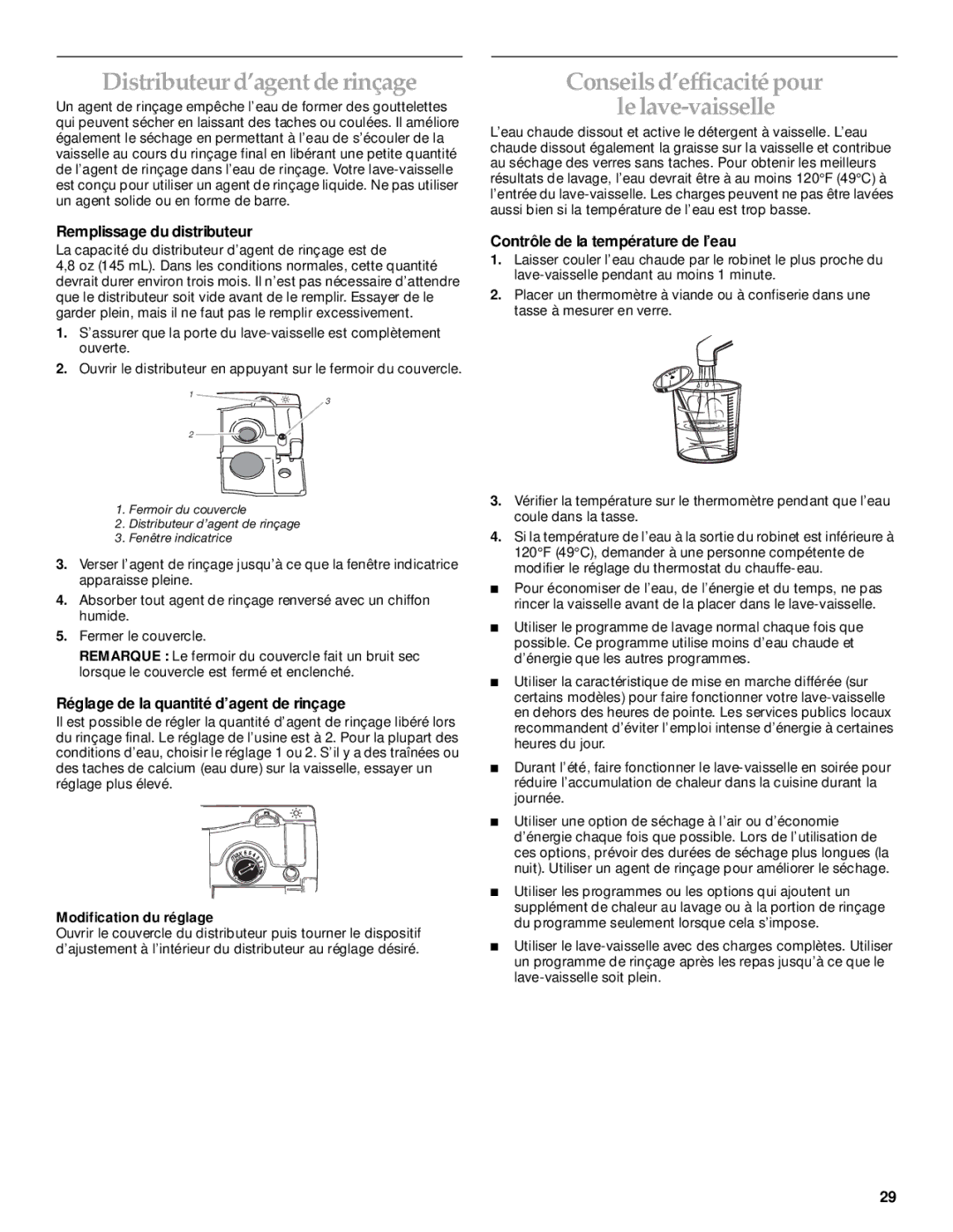 KitchenAid KUDP01TJ manual Distributeur d’agent de rinçage, Contrôle de la température de l’eau, Modification du réglage 