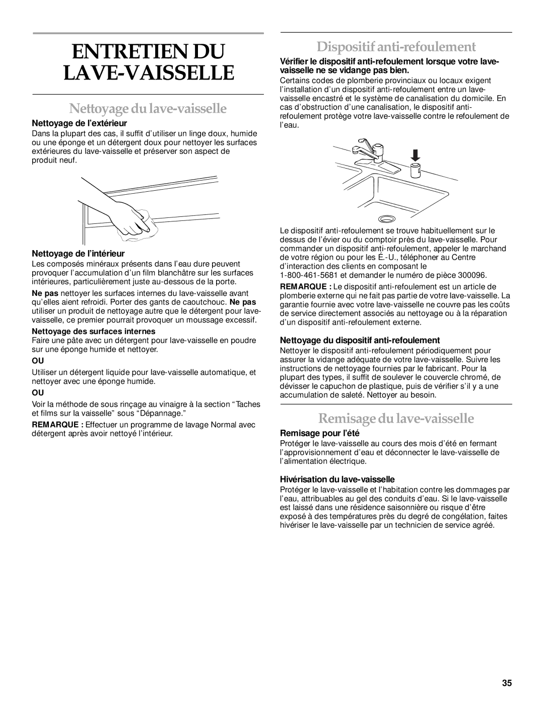 KitchenAid KUDP01TJ manual Entretien DU LAVE-VAISSELLE, Nettoyage du lave-vaisselle, Dispositif anti-refoulement 