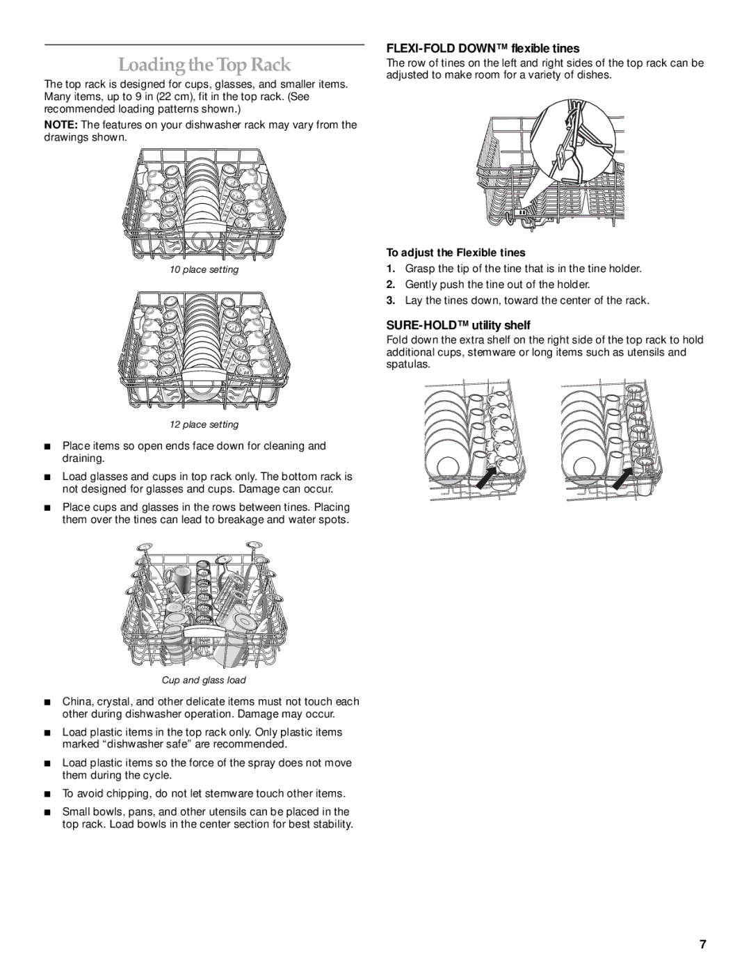 KitchenAid KUDP01TJ manual Loading the Top Rack, FLEXI-FOLD Down flexible tines, SURE-HOLD utility shelf 