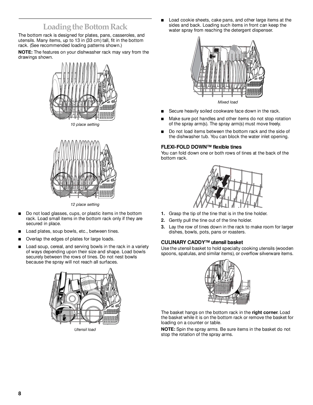 KitchenAid KUDP01TJ manual Loading the Bottom Rack, Culinary Caddy utensil basket 