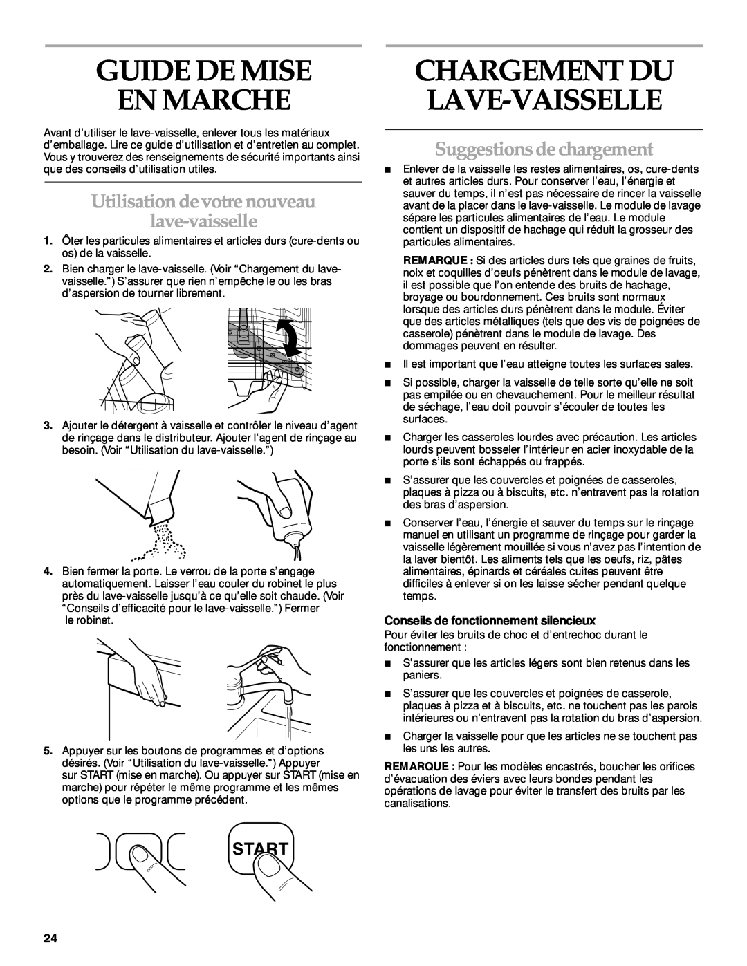 KitchenAid KUDP01TJ manual Guide De Mise En Marche, Utilisation de votre nouveau lave-vaisselle, Suggestions de chargement 