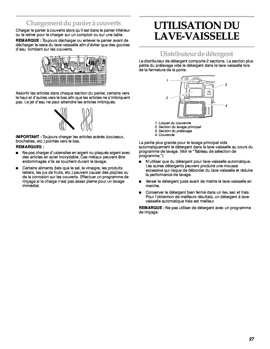KitchenAid KUDP01TJ manual Chargement du panier à couverts, Distributeur de détergent, Utilisation Du Lave-Vaisselle 