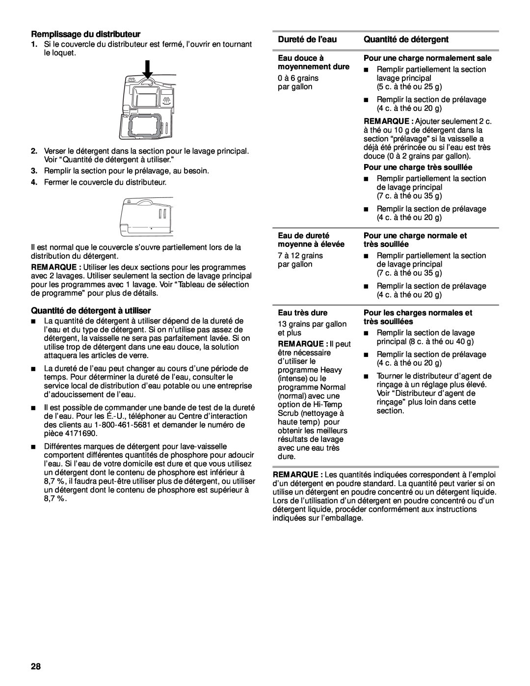 KitchenAid KUDP01TJ manual Remplissage du distributeur, Dureté de l’eau, Quantité de détergent à utiliser 