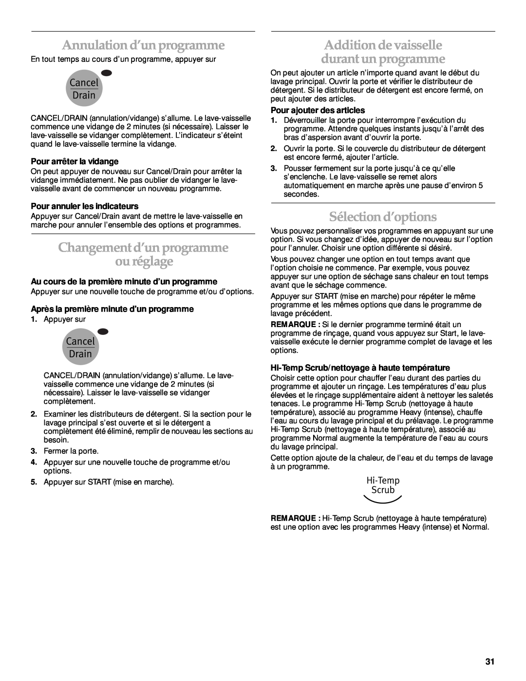 KitchenAid KUDP01TJ manual Annulation d’un programme, Changement d’un programme ou réglage, Sélection d’options 