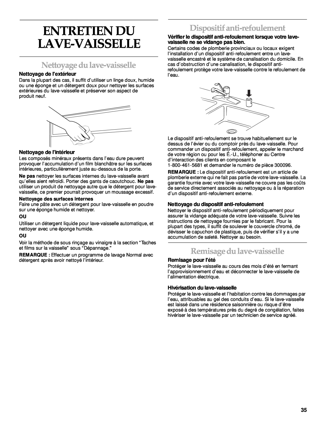 KitchenAid KUDP01TJ manual Entretien Du Lave-Vaisselle, Nettoyage du lave-vaisselle, Dispositif anti-refoulement 