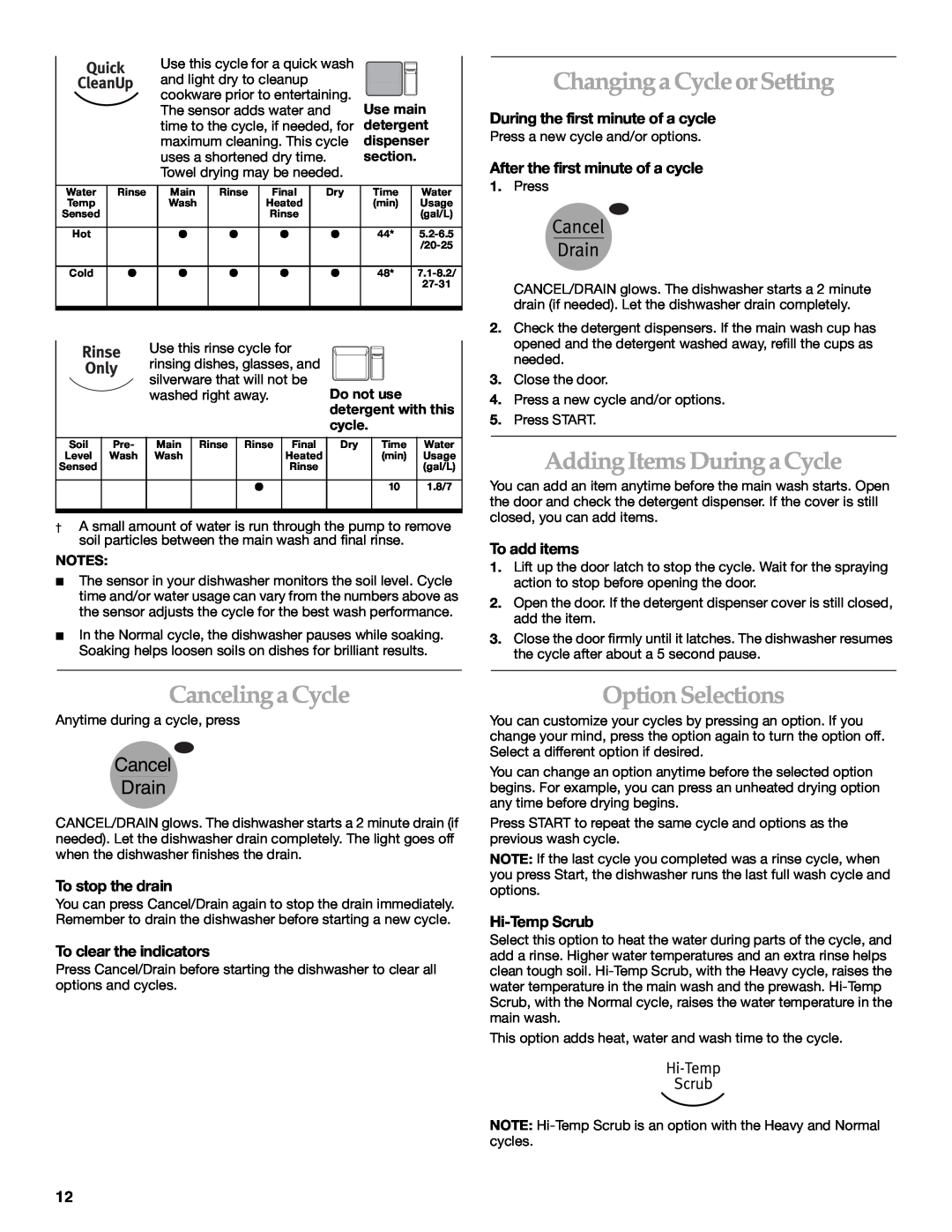 KitchenAid KUDR01TJ manual Changing a Cycle or Setting, Adding Items During a Cycle, Canceling a Cycle, Option Selections 