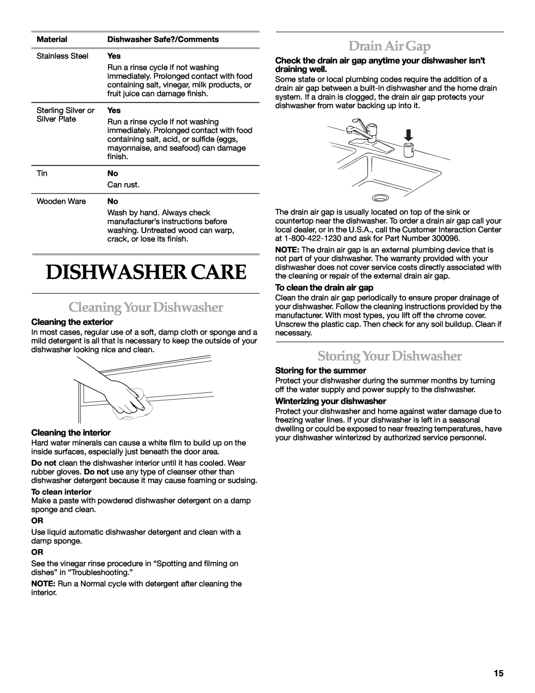 KitchenAid KUDR01TJ manual Dishwasher Care, Cleaning Your Dishwasher, Drain Air Gap, Storing Your Dishwasher 