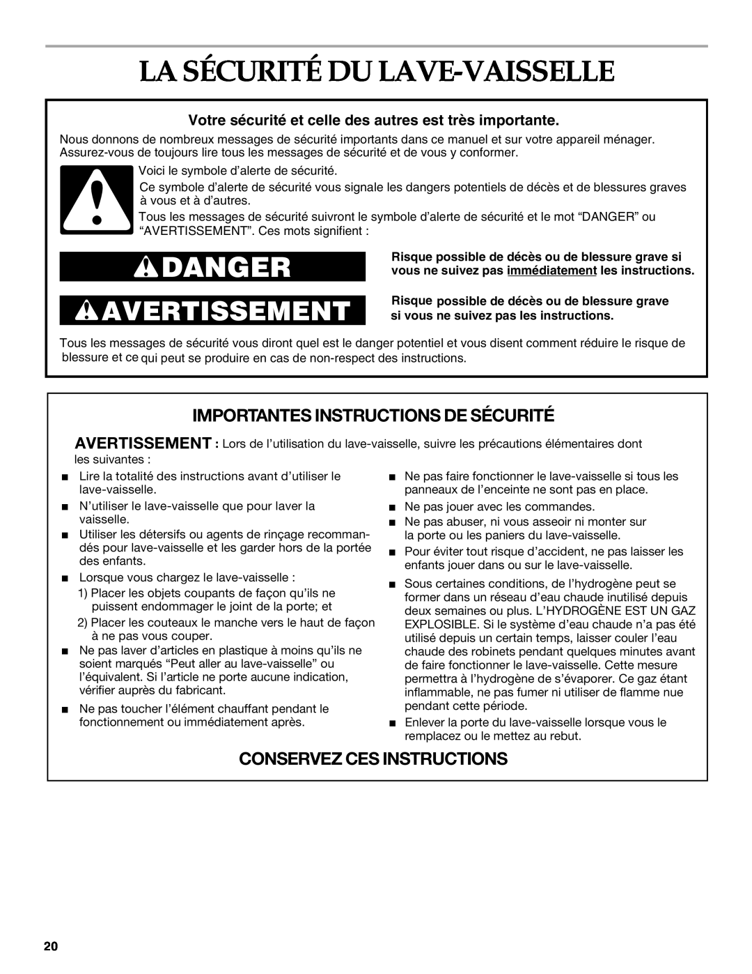 KitchenAid KUDR01TJ manual La Sécurité Du Lave-Vaisselle, Importantes Instructions De Sécurité, Conservez Ces Instructions 