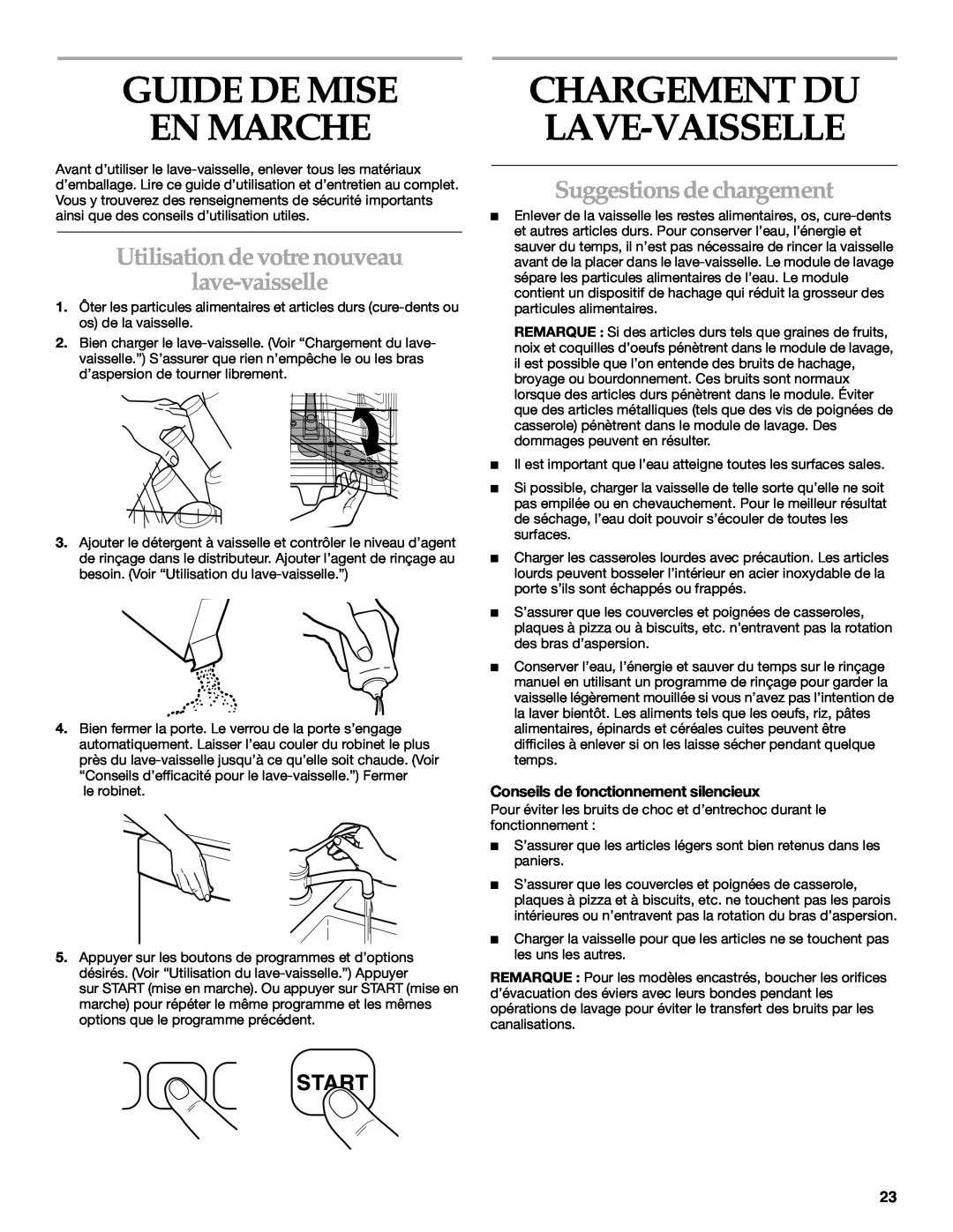 KitchenAid KUDR01TJ manual Guide De Mise En Marche, Utilisation de votre nouveau lave-vaisselle, Suggestions de chargement 