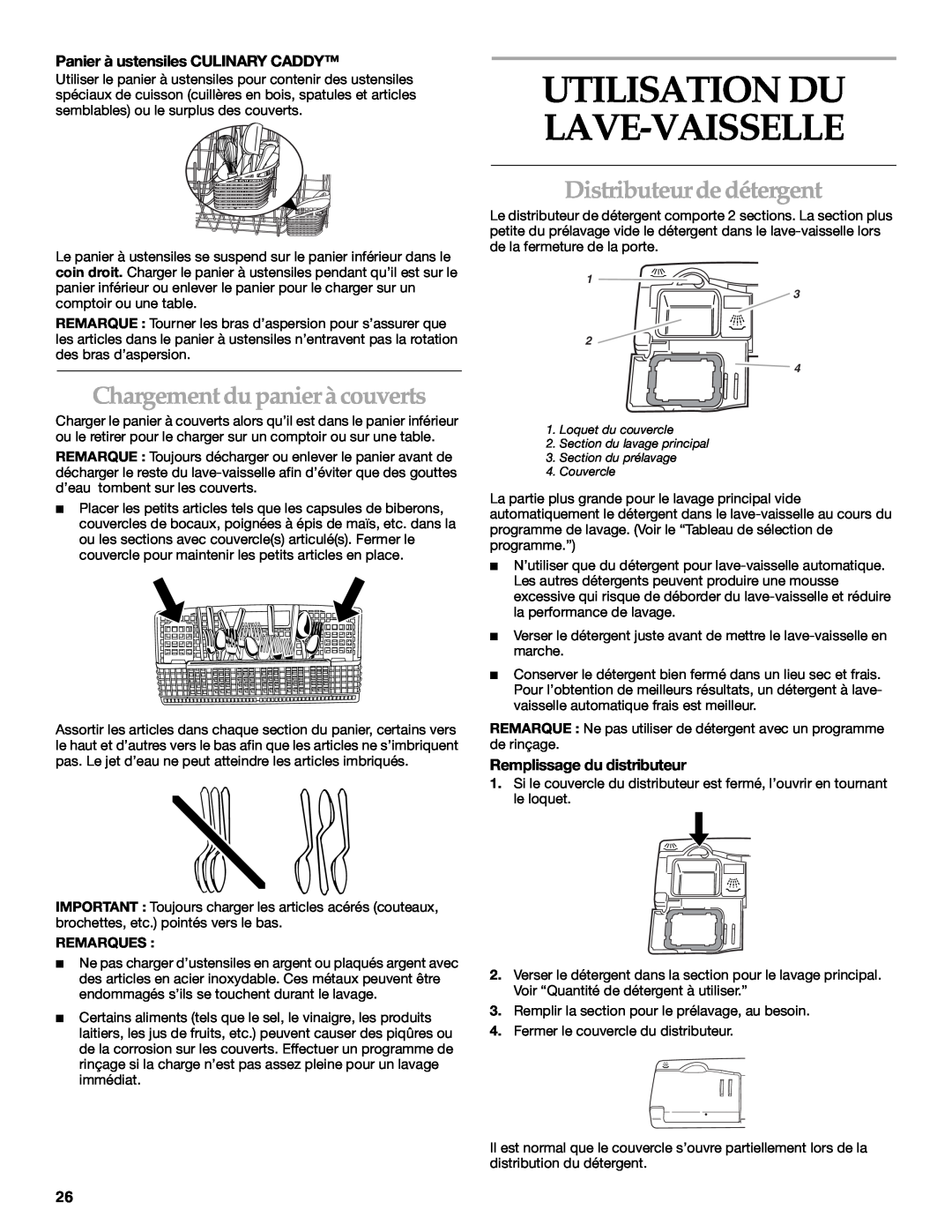 KitchenAid KUDR01TJ manual Chargement du panier à couverts, Distributeur de détergent, Panier à ustensiles CULINARY CADDY 