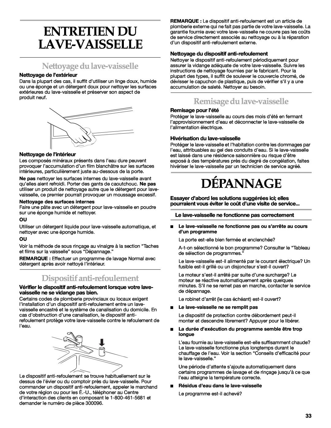 KitchenAid KUDR01TJ manual Entretien Du Lave-Vaisselle, Dépannage, Nettoyage du lave-vaisselle, Dispositif anti-refoulement 