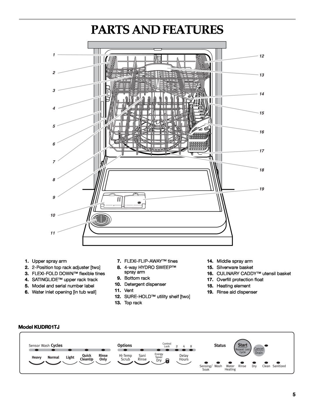 KitchenAid manual Model KUDR01TJ, Parts And Features 