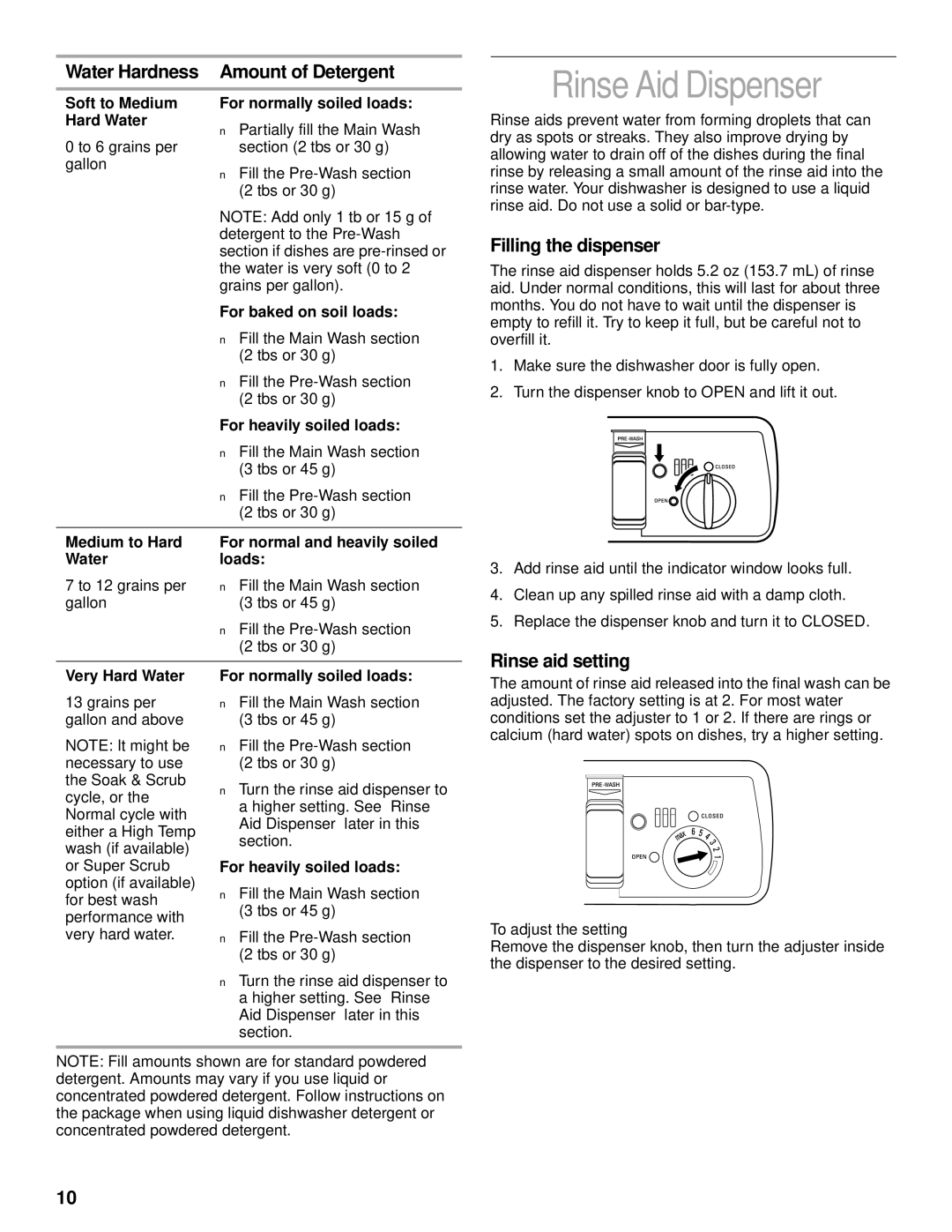 KitchenAid KUDR25SH Rinse Aid Dispenser, Water Hardness Amount of Detergent, Rinse aid setting, To adjust the setting 