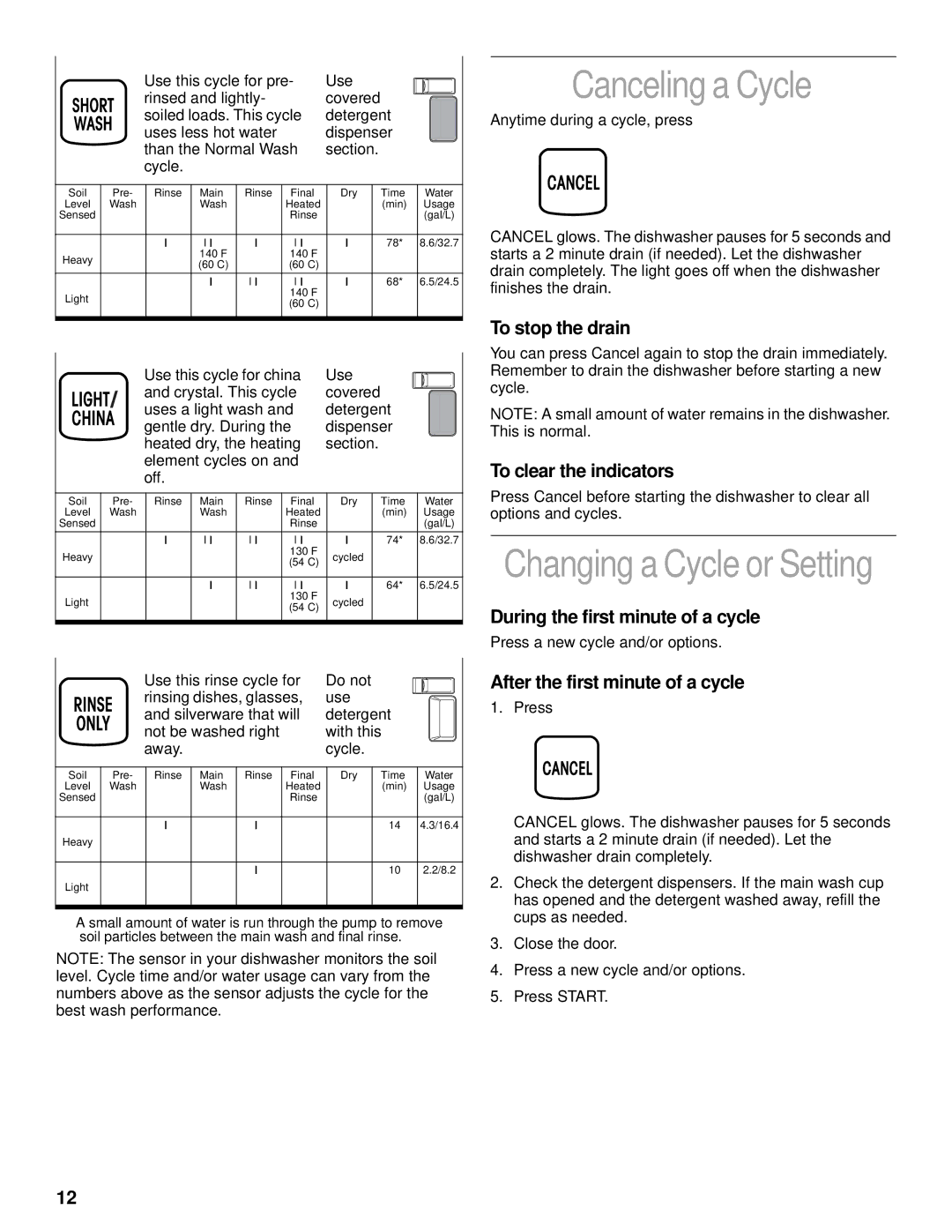 KitchenAid KUDR25SH manual Canceling a Cycle, Changing a Cycle or Setting 