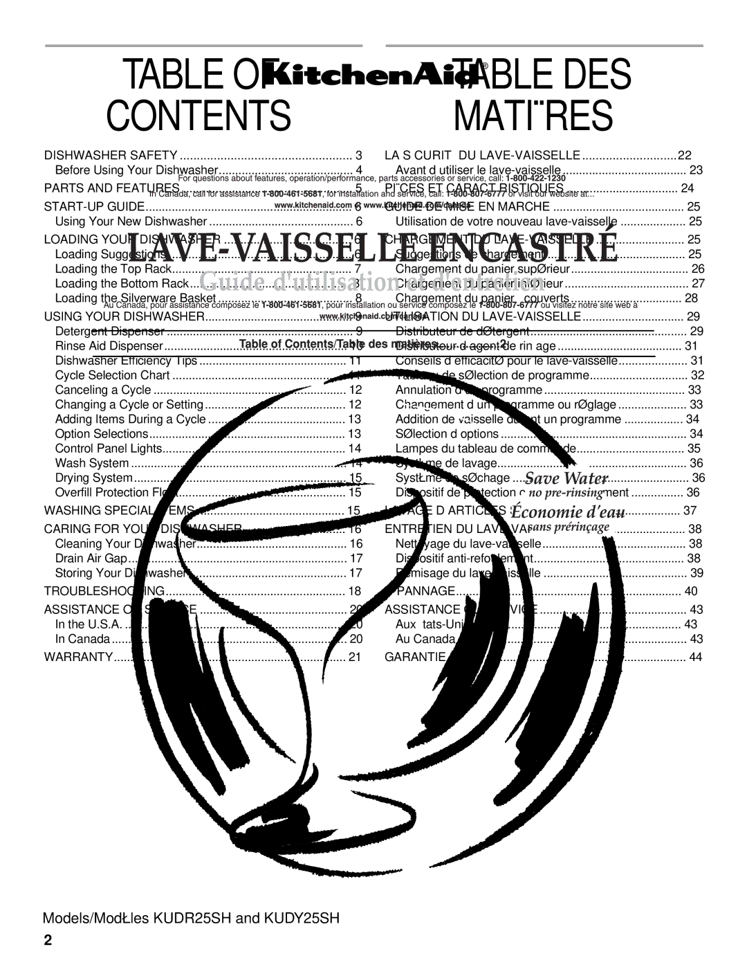 KitchenAid KUDR25SH manual Contents, Table DES Matières 