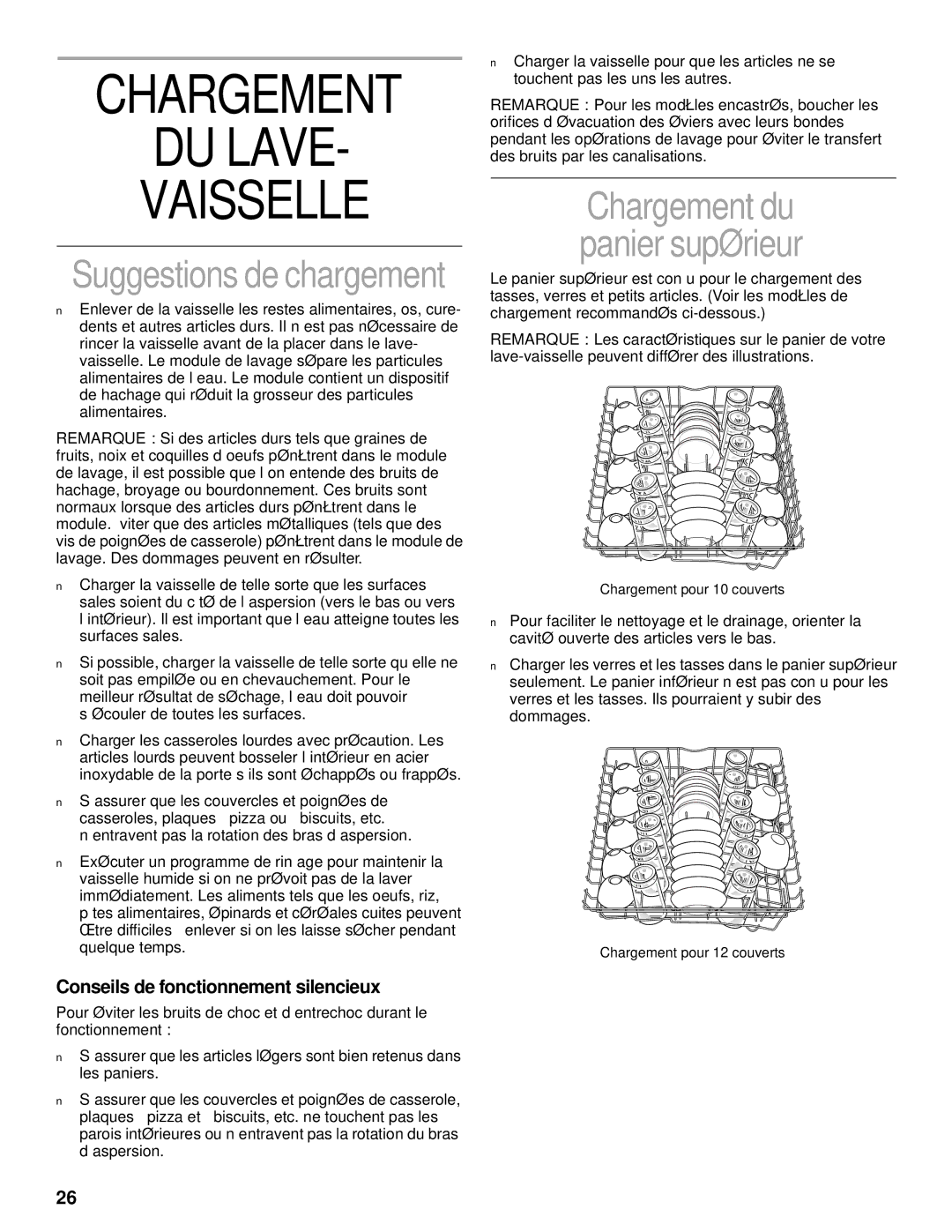 KitchenAid KUDR25SH manual Chargement DU Lave Vaisselle, Suggestions de chargement, Conseils de fonctionnement silencieux 