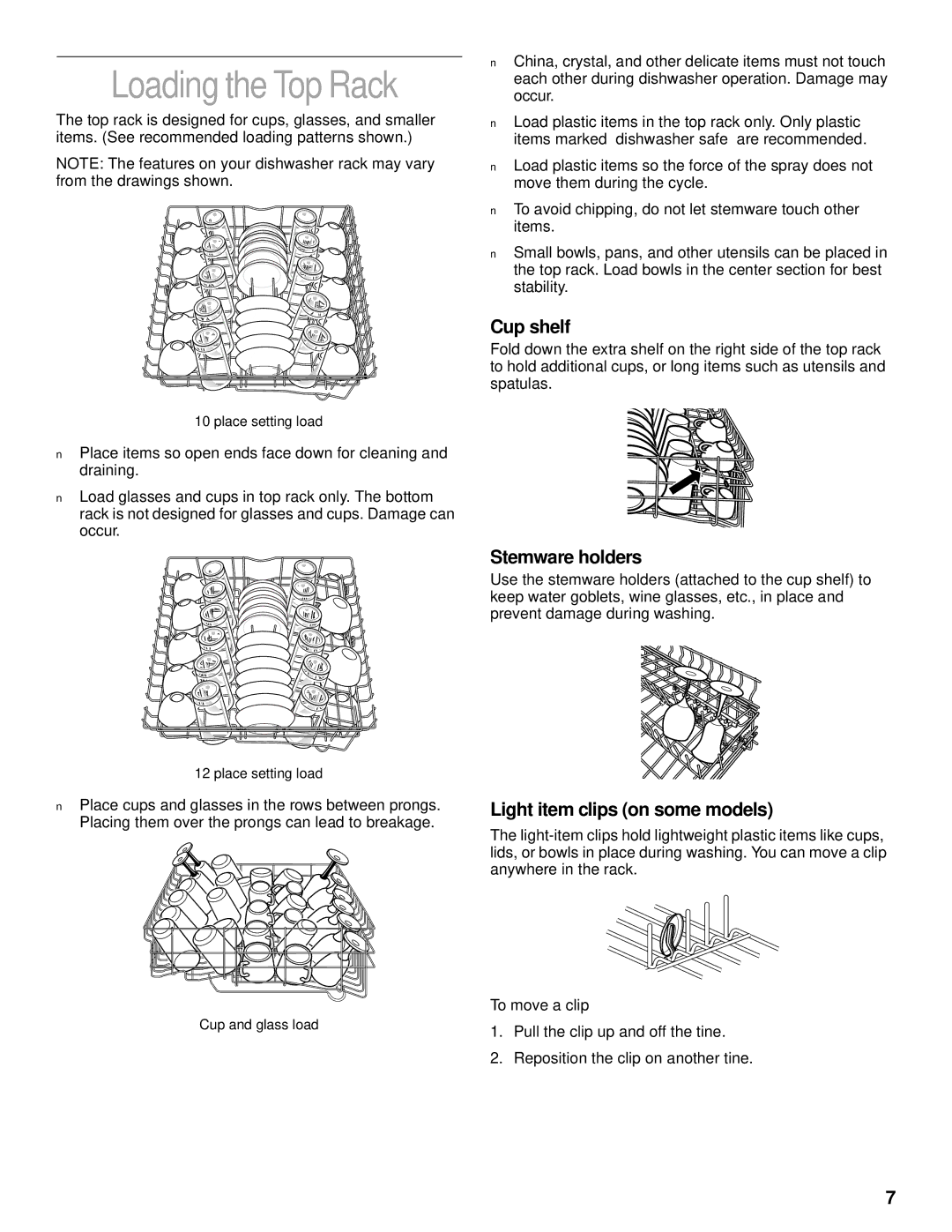 KitchenAid KUDR25SH Loading the Top Rack, Cup shelf, Stemware holders, Light item clips on some models, To move a clip 