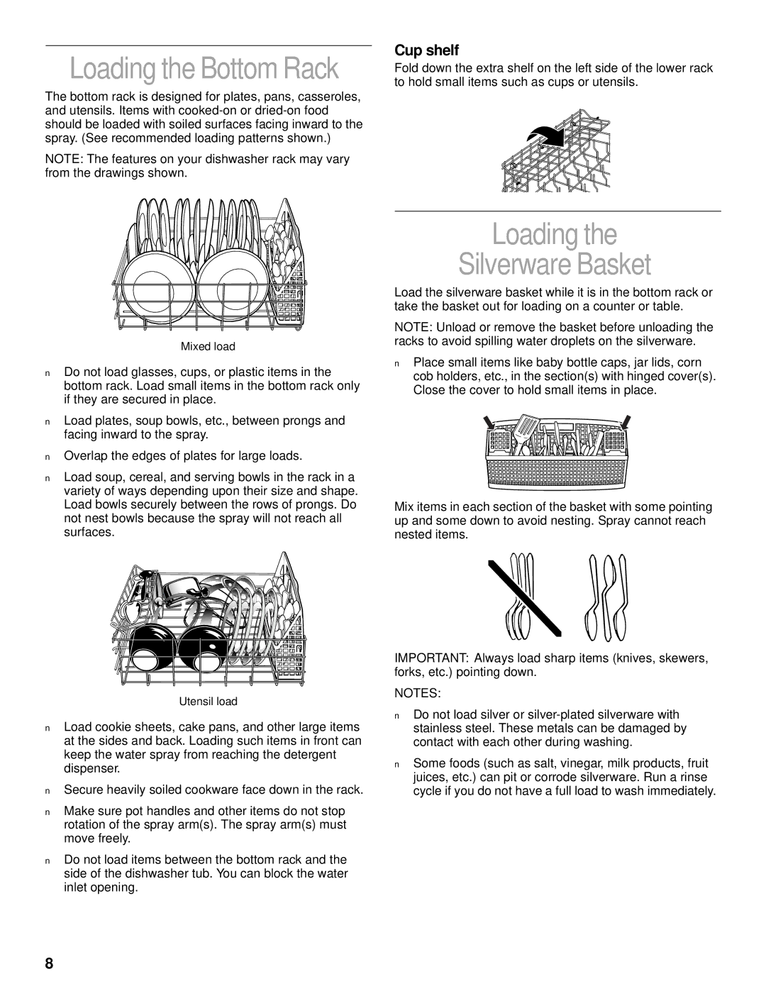 KitchenAid KUDR25SH manual Loading Silverware Basket, Loading the Bottom Rack 