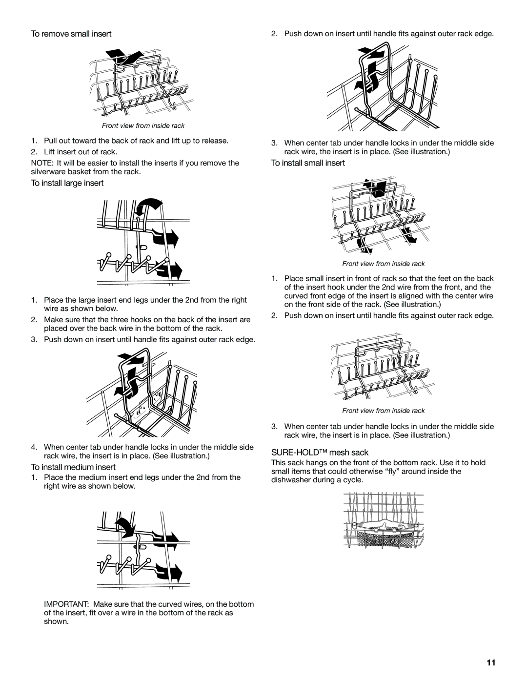 KitchenAid KUDS01DL To remove small insert, To install large insert, To install small insert, To install medium insert 