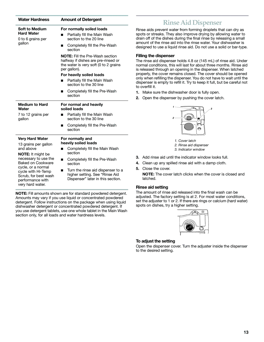 KitchenAid KUDS01DL manual Rinse Aid Dispenser, Water Hardness, Rinse aid setting, To adjust the setting 