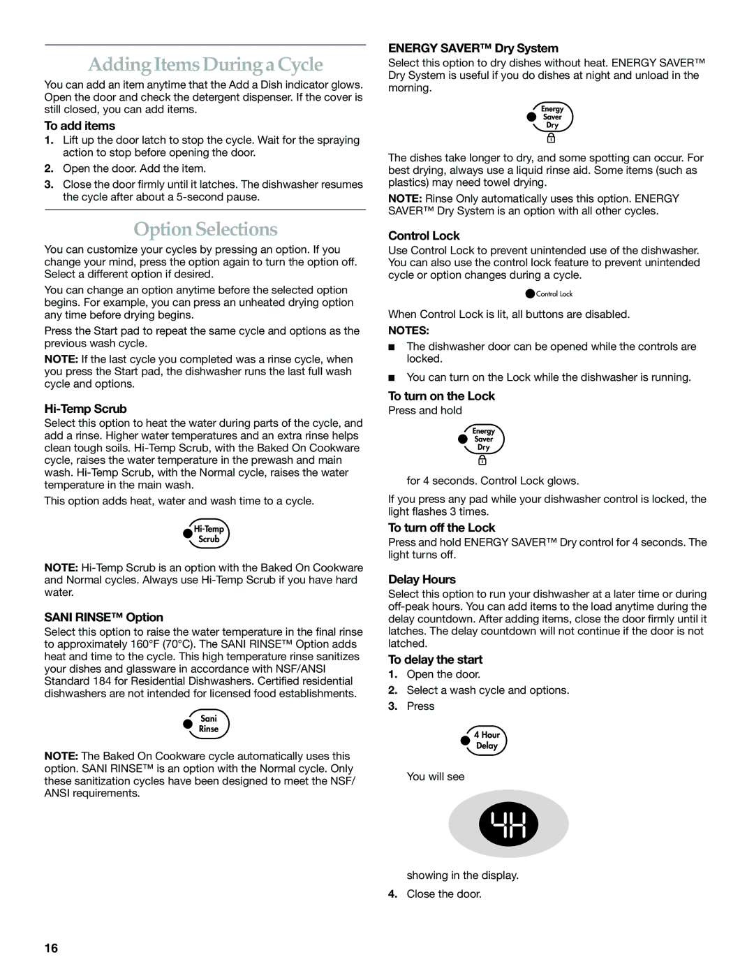 KitchenAid KUDS01DL manual Adding Items During a Cycle, Option Selections 