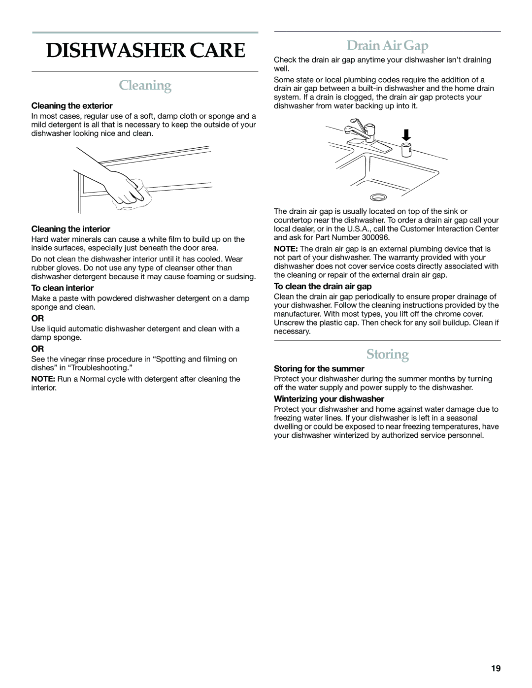 KitchenAid KUDS01DL manual Dishwasher Care, Cleaning, Drain Air Gap, Storing 