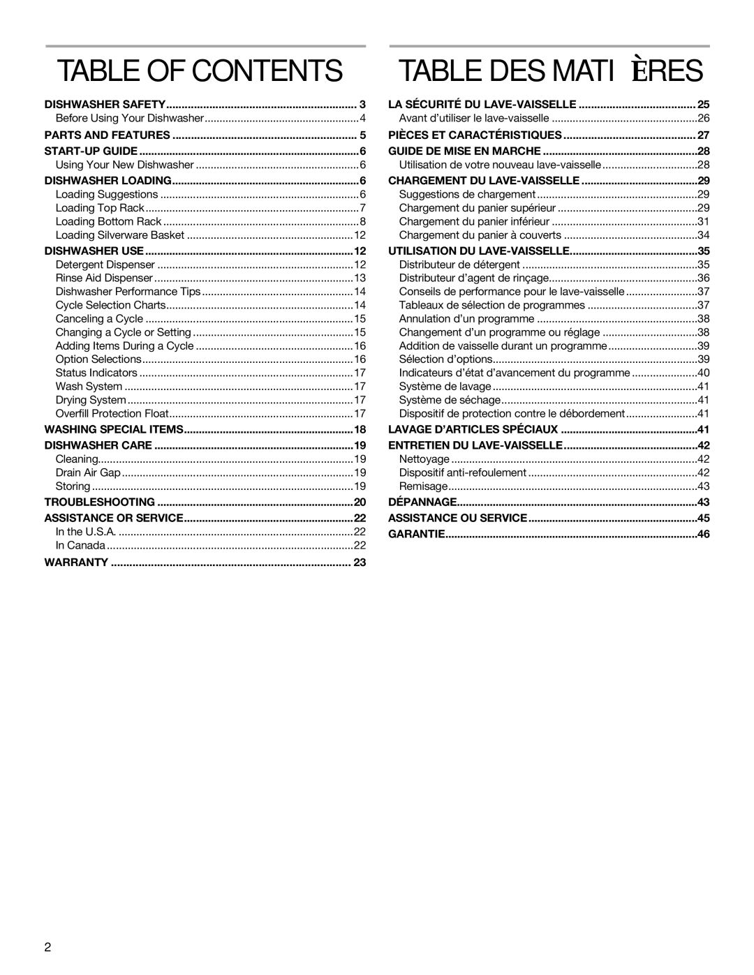 KitchenAid KUDS01DL manual Table of Contents, Table DES Matières 