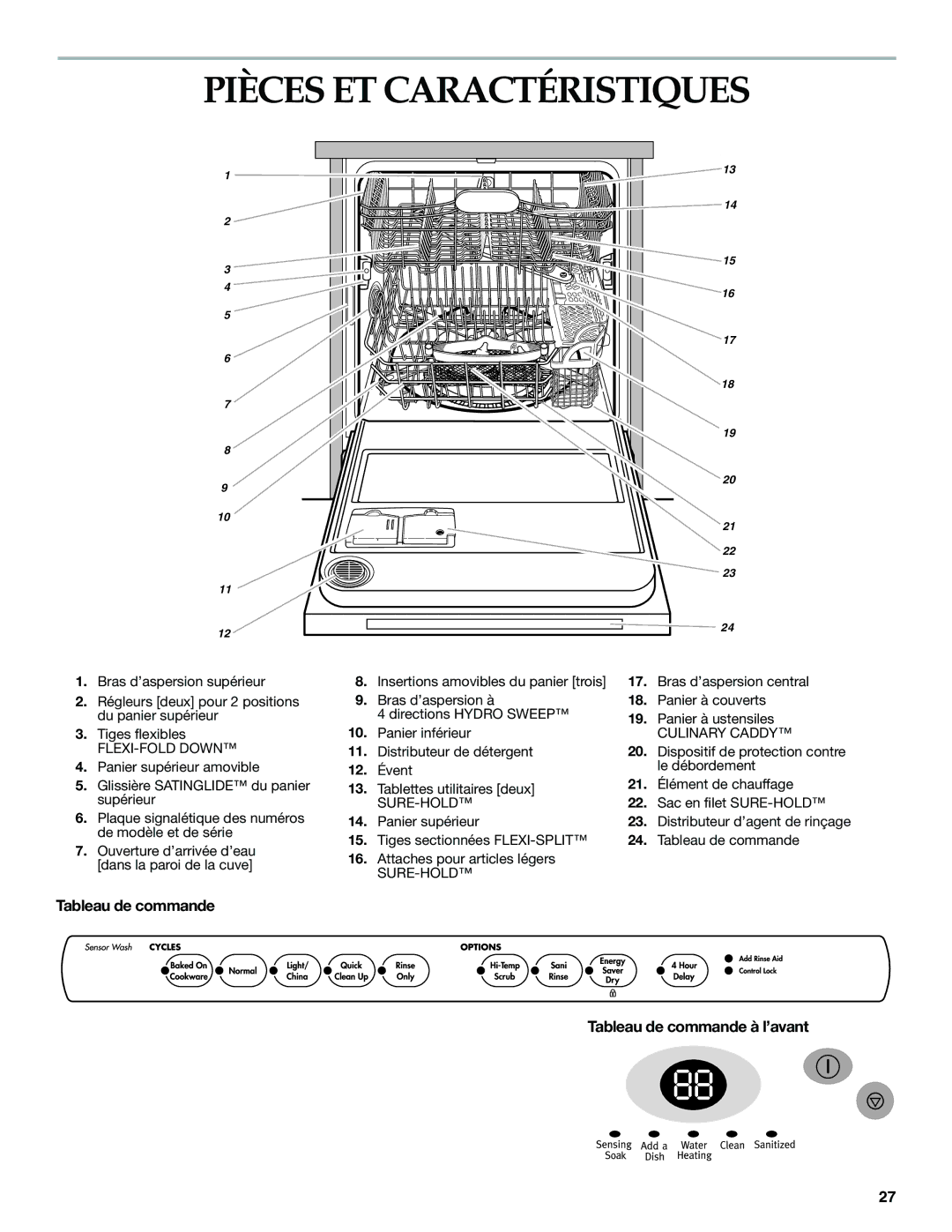 KitchenAid KUDS01DL manual Pièces ET Caractéristiques, Tableau de commande Tableau de commande à l’avant 