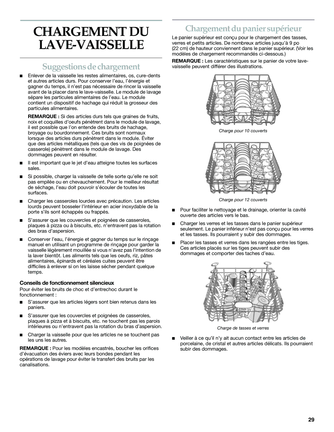 KitchenAid KUDS01DL manual Suggestions de chargement, Chargement du panier supérieur, Conseils de fonctionnement silencieux 