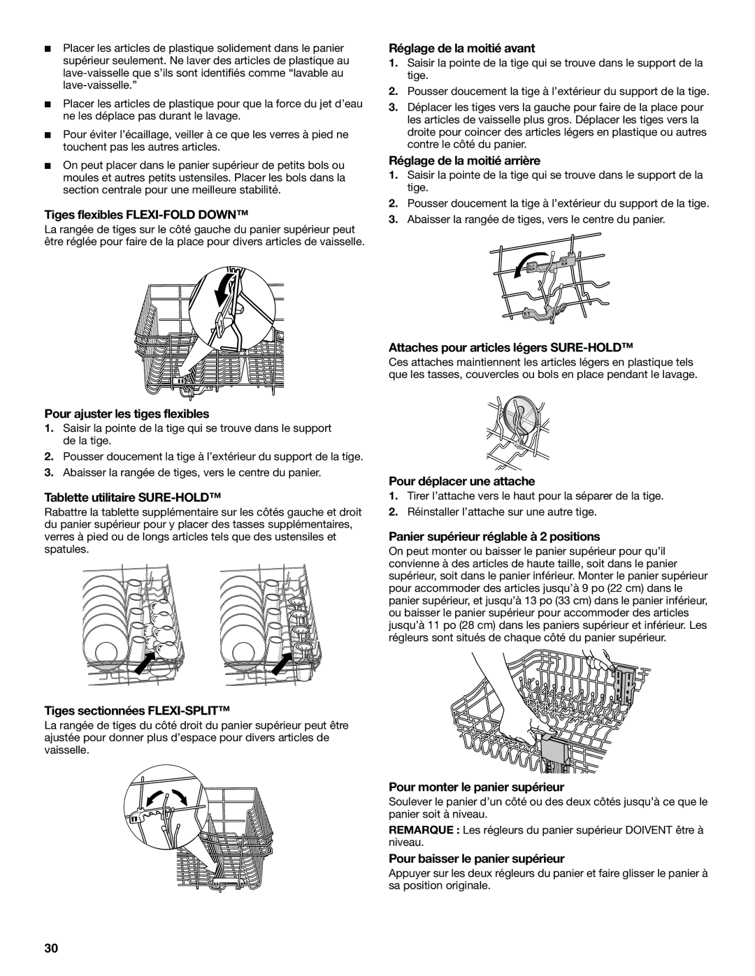 KitchenAid KUDS01DL manual Tiges flexibles FLEXI-FOLD Down, Pour ajuster les tiges flexibles, Tablette utilitaire SURE-HOLD 