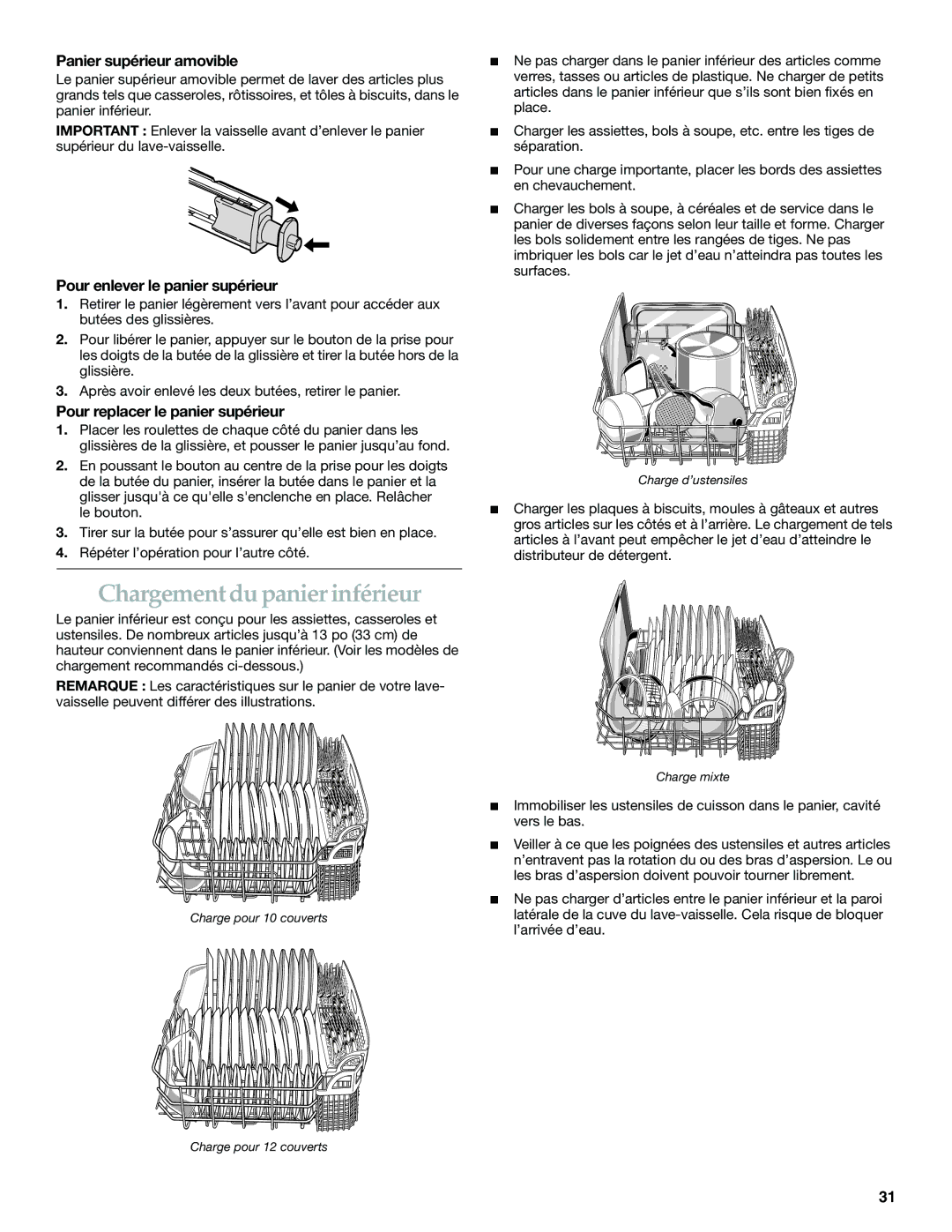 KitchenAid KUDS01DL manual Chargement du panier inférieur, Panier supérieur amovible, Pour enlever le panier supérieur 