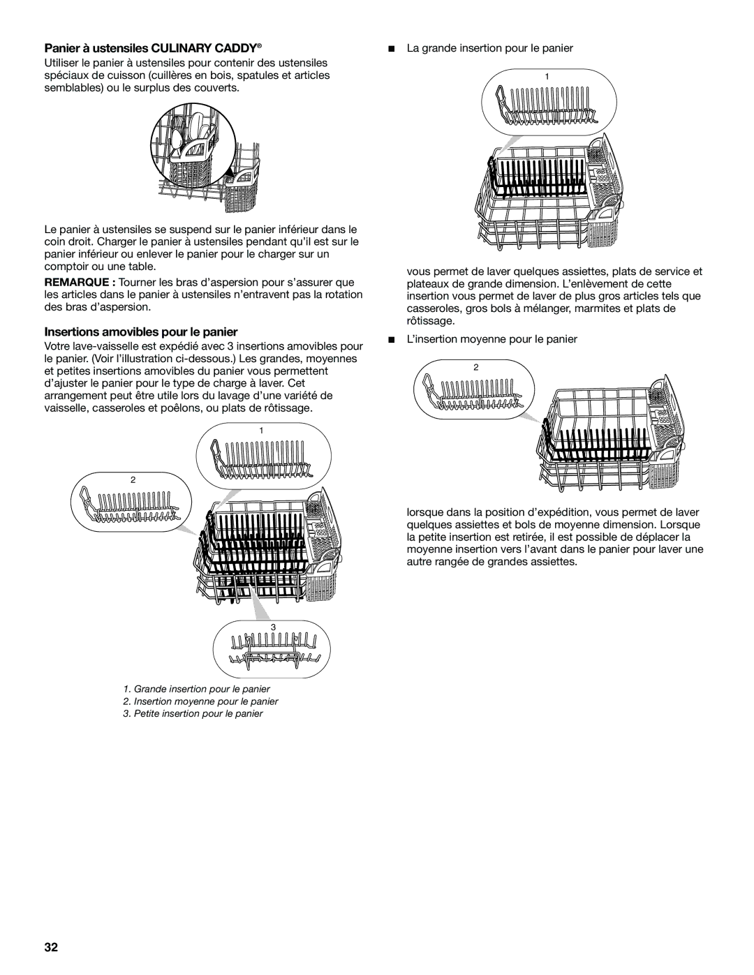 KitchenAid KUDS01DL manual Panier à ustensiles Culinary Caddy, Insertions amovibles pour le panier 