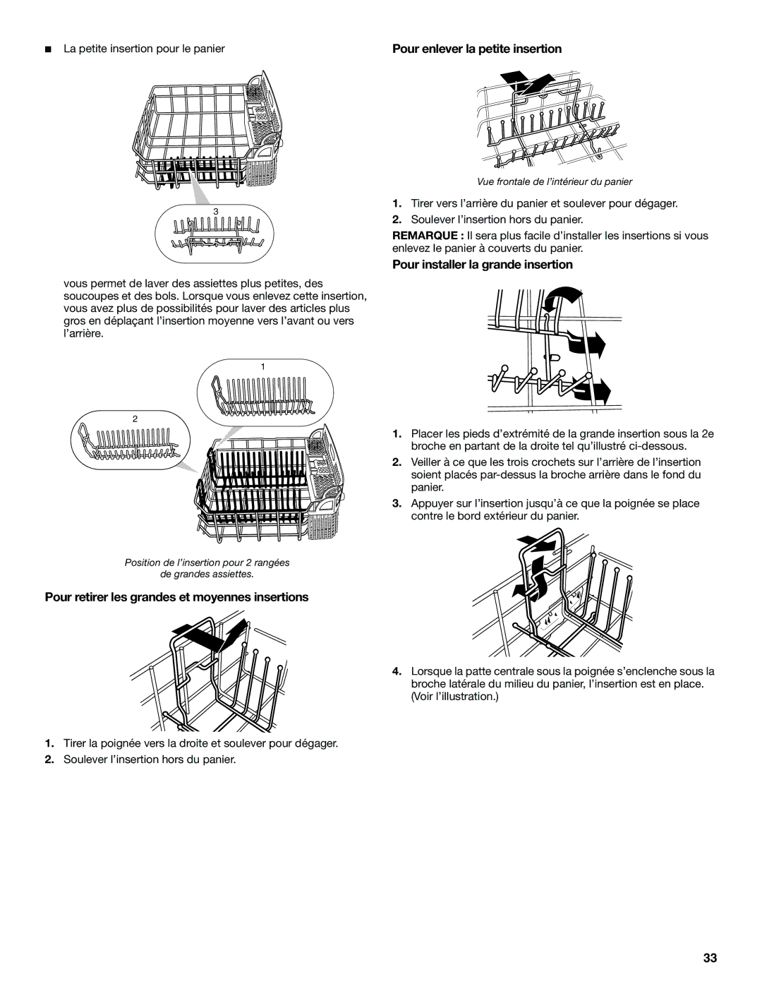 KitchenAid KUDS01DL manual Pour retirer les grandes et moyennes insertions, Pour enlever la petite insertion 