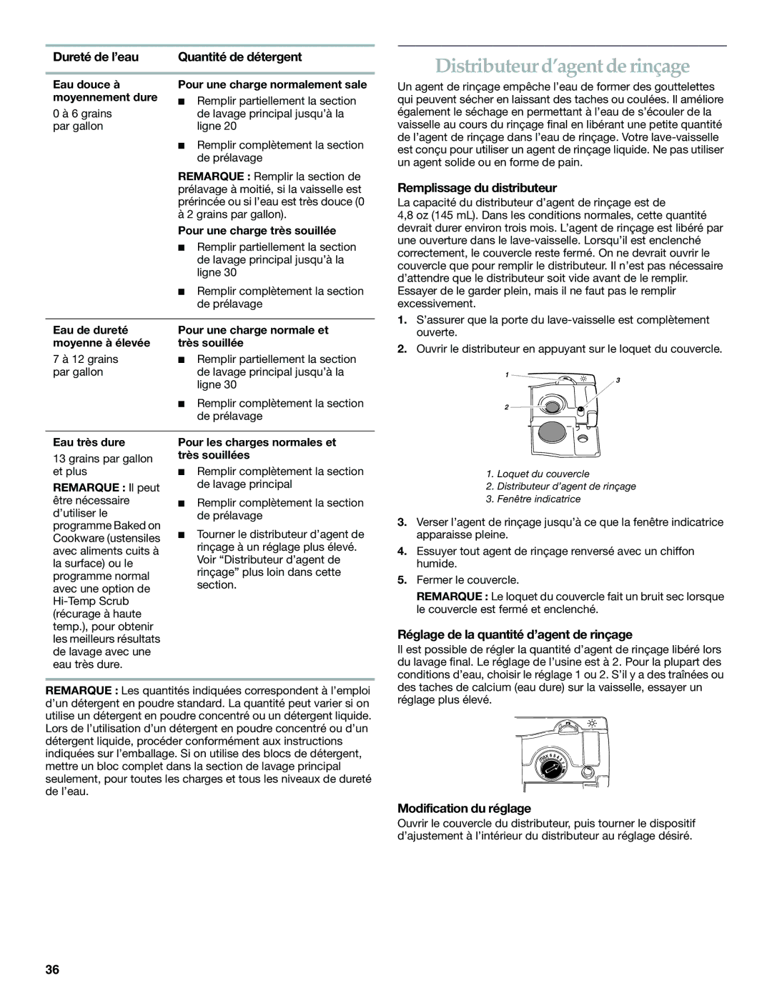 KitchenAid KUDS01DL manual Distributeur d’agent de rinçage, Dureté de l’eau Quantité de détergent, Modification du réglage 