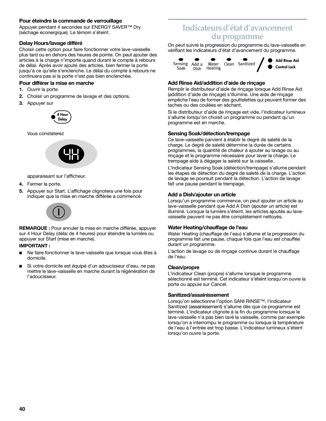 KitchenAid KUDS01DL manual Indicateurs d’état d’avancement Du programme 