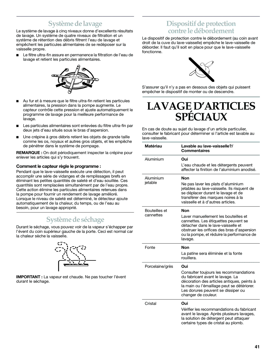 KitchenAid KUDS01DL manual Lavage D’ARTICLES Spéciaux, Système de lavage, Système de séchage 