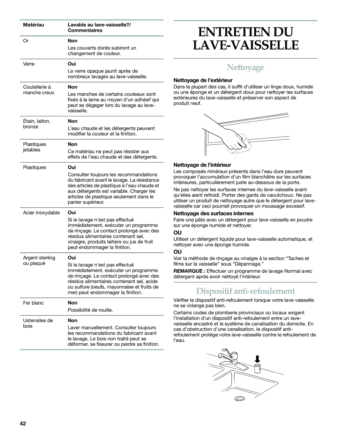 KitchenAid KUDS01DL manual Entretien DU LAVE-VAISSELLE, Nettoyage, Dispositif anti-refoulement 