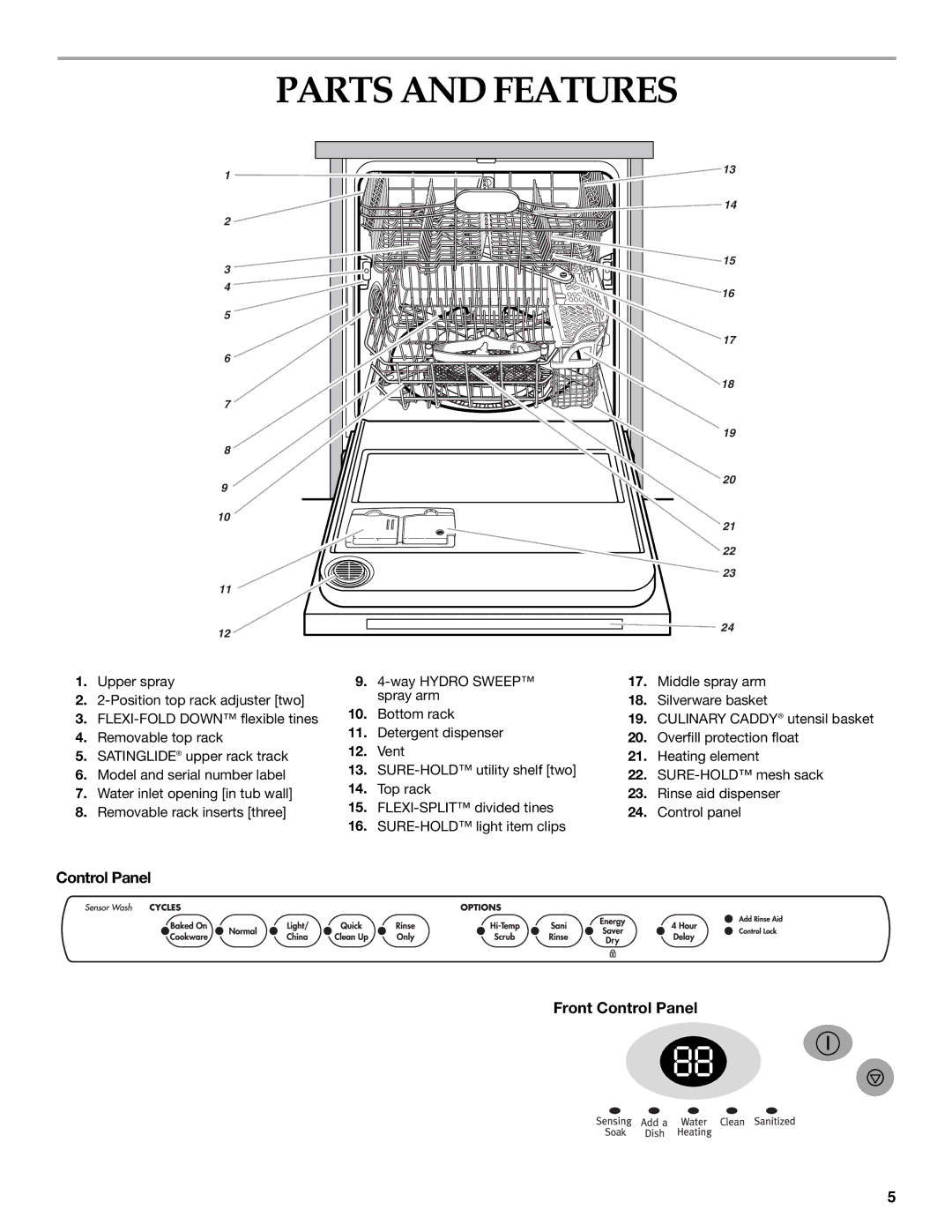 KitchenAid KUDS01DL manual Parts and Features, Control Panel Front Control Panel 