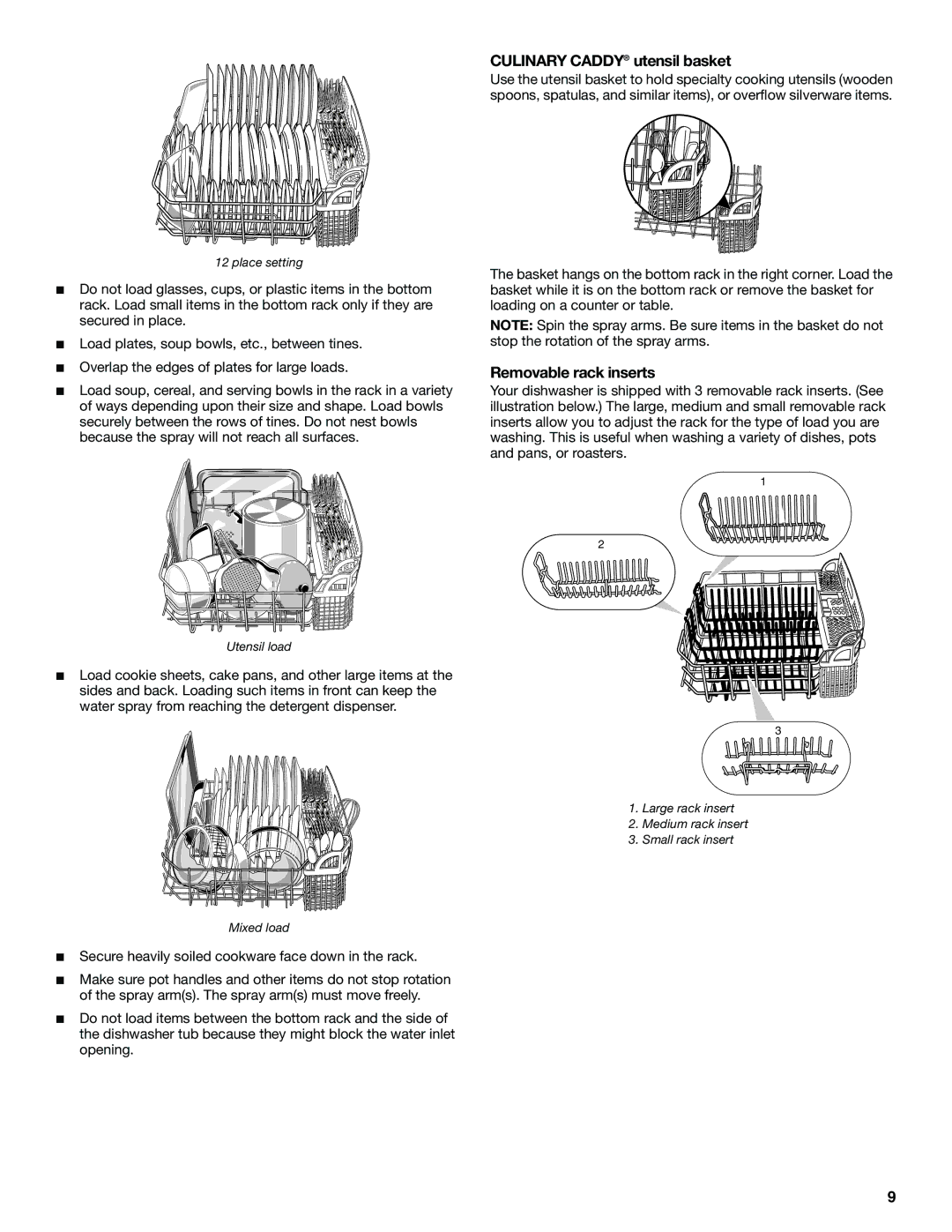 KitchenAid KUDS01DL manual Culinary Caddy utensil basket, Removable rack inserts 