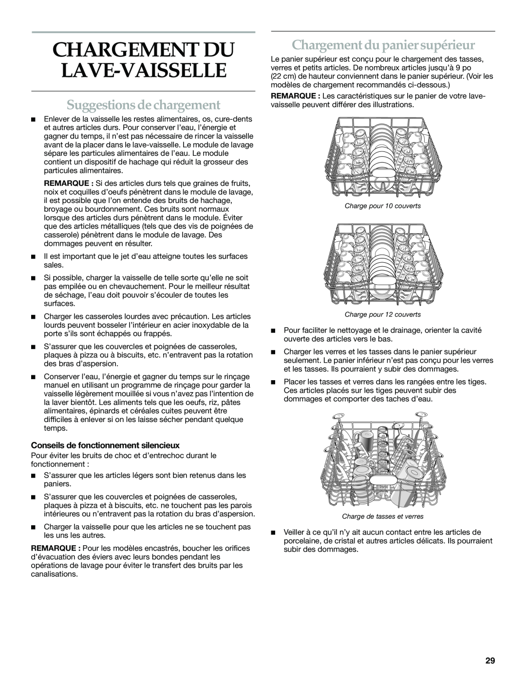 KitchenAid KUDS01DL manual Suggestions de chargement, Chargement du panier supérieur, Conseils de fonctionnement silencieux 