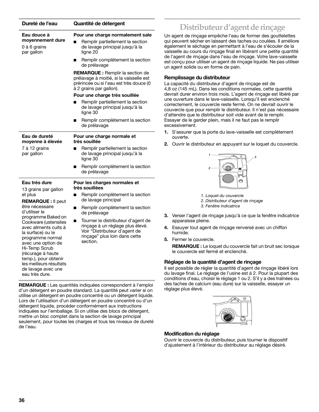 KitchenAid KUDS01DL manual Distributeur d’agent de rinçage, Dureté de l’eau, Quantité de détergent, Modification du réglage 
