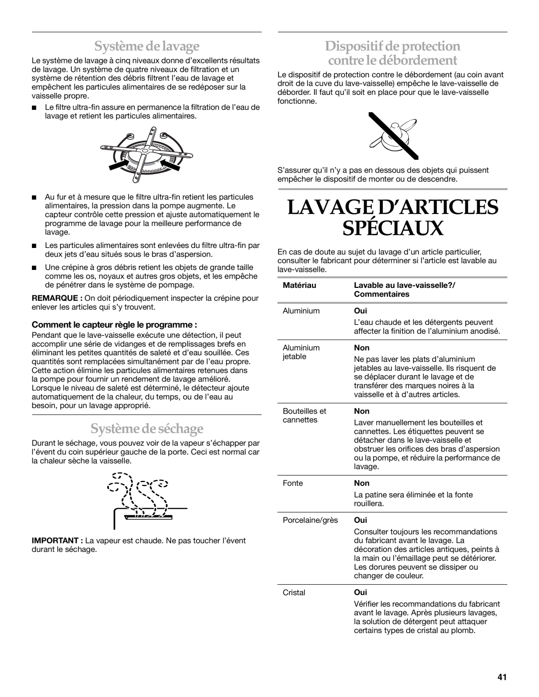 KitchenAid KUDS01DL manual Lavage D’Articles Spéciaux, Système de lavage, Système de séchage 