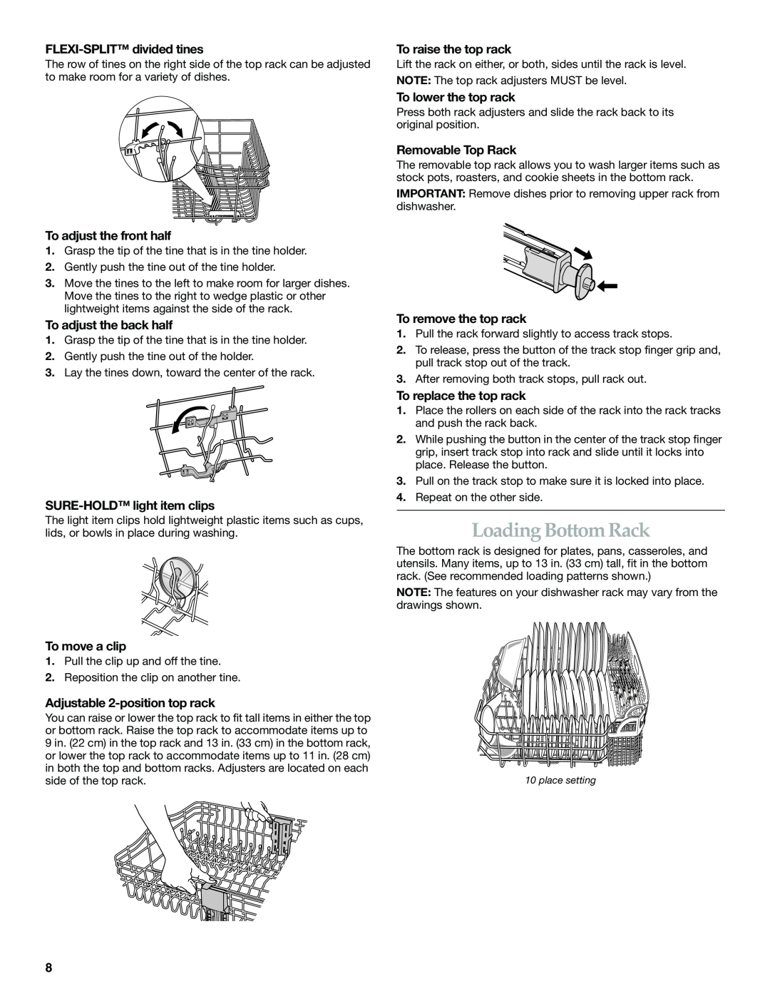 KitchenAid KUDS01DL Loading Bottom Rack, FLEXI-SPLIT divided tines, To adjust the front half, To adjust the back half 